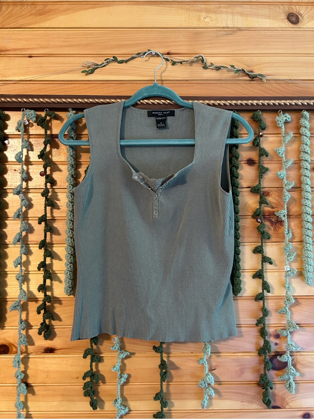 Vintage August silk olive green lacey tank top